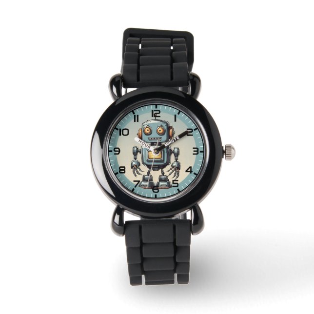 Retro Robot Blauw & Grijs Kind Horloge (Voorkant)