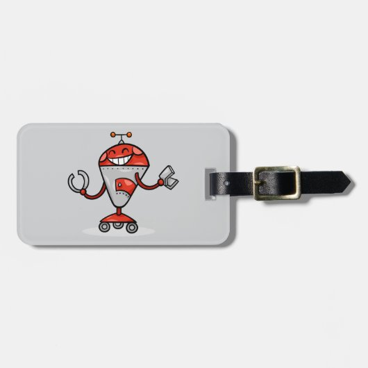 Retro Robot Cartoon Fun Red en Silver AI Bot Bagagelabel (Voorkant horizontaal)