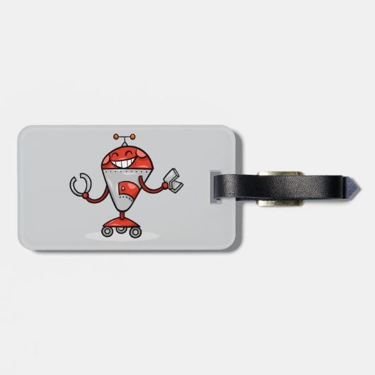 Retro Robot Cartoon Fun Red en Silver AI Bot Bagagelabel (Achterkant horizontaal)
