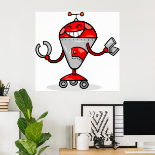 Retro Robot Cartoon Fun Red en Silver AI Bot Poster