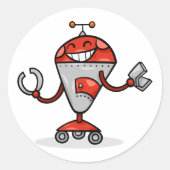 Retro Robot Cartoon Fun Red en Silver AI Bot Ronde Sticker (Voorkant)