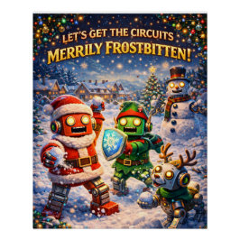 Retro robot Christmas snowball fight greeting Perfect Poster
