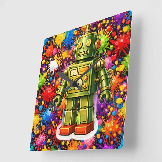 Retro robot colour burst square wall vierkante klok (Hoek)