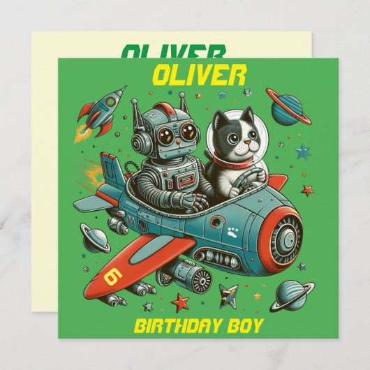  retro robot en kat in de ruimte kaart (Voorkant / Achterkant)