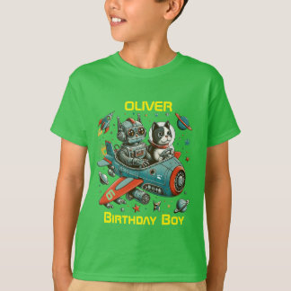  retro robot en kat in de ruimte t-shirt