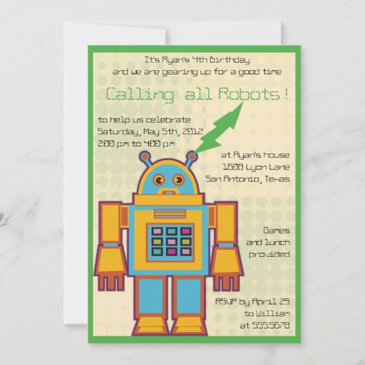 Retro Robot - kinderen verjaardagsuitnodiging -3 Kaart (Voorkant)