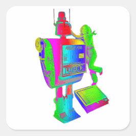 RETRO ROBOT STICKER. VIERKANTE STICKER