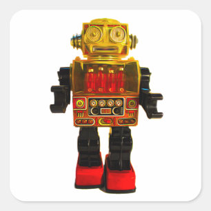 RETRO ROBOT STICKER. VIERKANTE STICKER