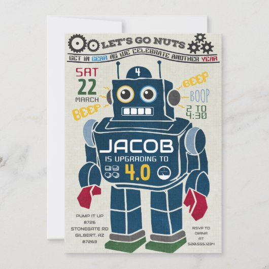 Retro  Robot Verjaardagsuitnodiging Kaart (Voorkant)