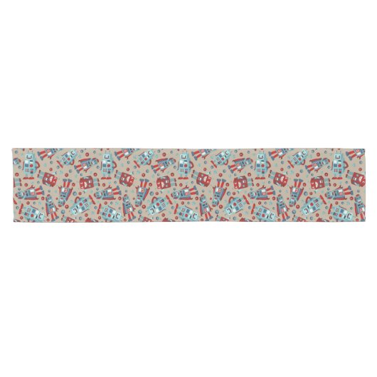 Retro Robots Blauw en Rood Patroon Korte Tafelloper (Horizontaal)