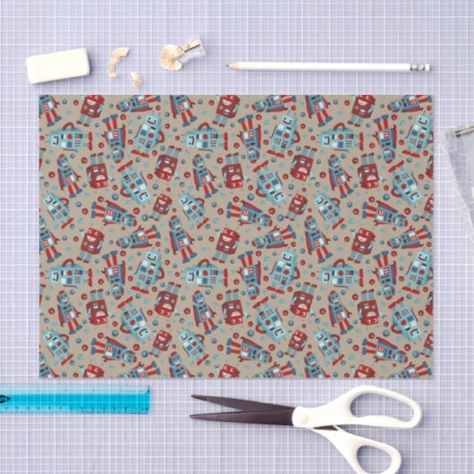 Retro Robots Blauw en Rood Patroon Tissuepapier (Craft)
