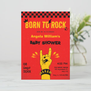 Retro rock muziek rood geel baby shower kaart