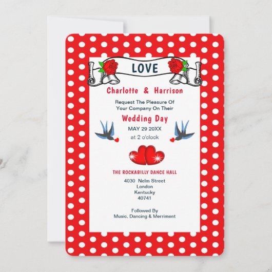 Retro Rockabilly Polka Dot Wedding Kaart (Voorkant)