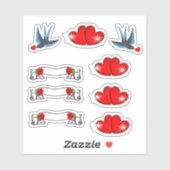 Retro Rockabilly Swallows Harten & Rozen Sticker (Vel)