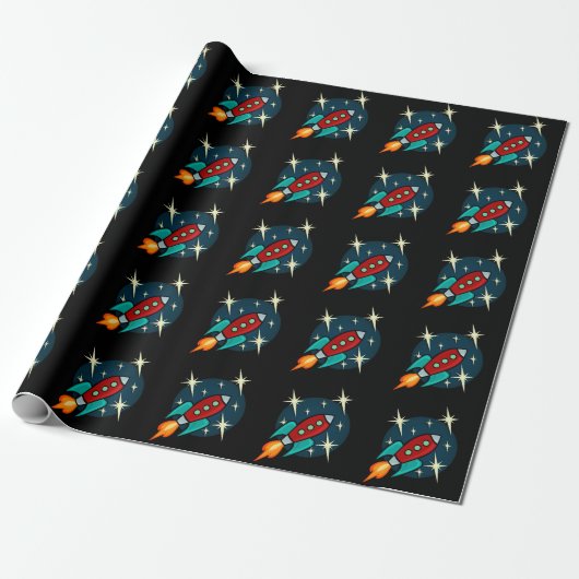 RETRO ROCKET SHIP MATTE WRAPPING PAPIER (Uitgerold)