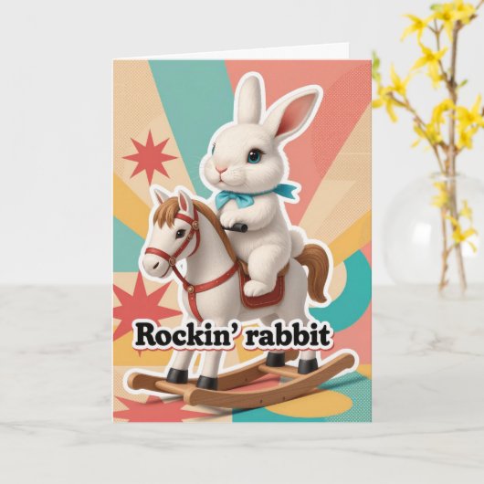 Retro rockin rabbit greeting kaart (Gele Bloem)