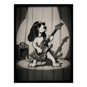 Retro Rockster Basset Hound Gitarist Monochroom Perfect Poster