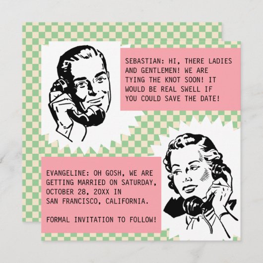 Retro roddelend koppel Save the Date-kaarten Kaart (Voorkant / Achterkant)