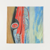 Retro rode auto, schilderen aan zee. wandkleed (Voorkant (horizontaal))