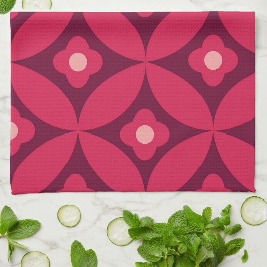 Retro rode bloemen op midden eeuw cirkels patroon theedoek (Gevouwen)