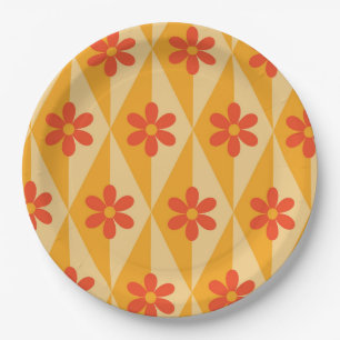 Retro rode bloemen op oranje vintage diamanten papieren bordje