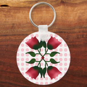Retro Rode Bloemrijke Volkskunst met Roze Stippenp Sleutelhanger