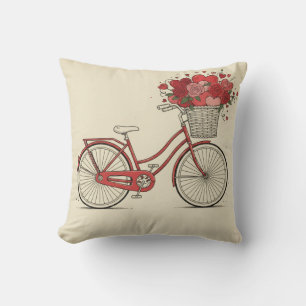 Retro rode fiets met rozen en harten bloemschilder kussen