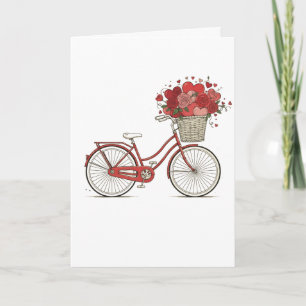 Retro rode fiets met rozen en harten bloemstuk kaart