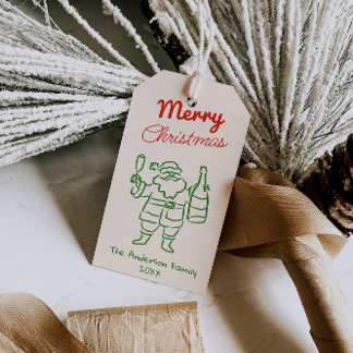 Retro Rode Groen Handgetekende Kerstman Kerstmis Cadeaulabel