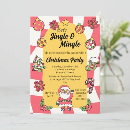 Retro Rode Groovy Jingle & Mingle Kerstfeest Kaart (Staand voorkant)