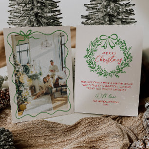 Retro Rode Hand Getrokken Ribbon Krans Foto Kerstm Feestdagenkaart