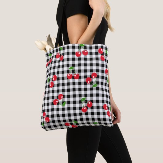 Retro Rode Kersen Zwart Wit Buffalo Plaid Gingham Draagtas (Dichtbij)
