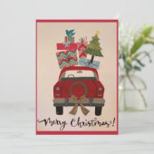 Retro rode kerstauto feestdagenkaart (Staand voorkant)