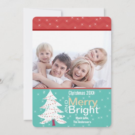 Retro Rode Mint Pijnboom Merry Bright Photo Card Feestdagenkaart (Voorkant)