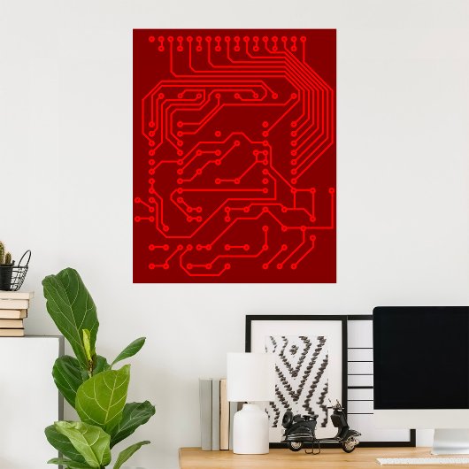 Retro rode printplaat tech patroon poster