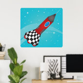 Retro Rode Raket Schip in de Galactische Ruimte Poster (Thuiskantoor)