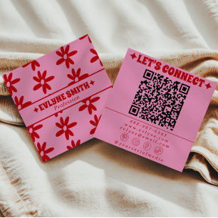 Retro Rode Roze QR Code Groovy Bloemige Trendy Vierkante Visitekaartje