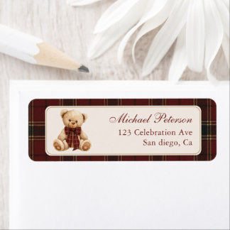Retro rode tartan teddybeer retouradres sticker