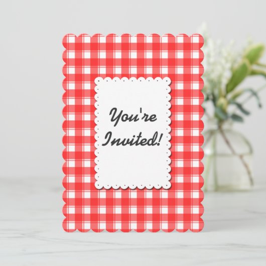 Retro rode witte Gingham geruite bewerkbare uitnod Kaart (Staand voorkant)