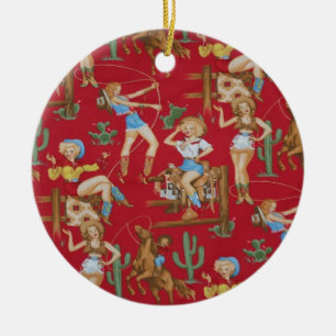 Retro Rodeo Cowgirl kerstboomversiering Keramisch Ornament