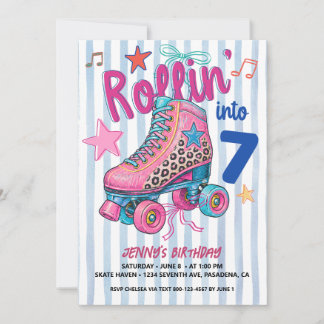 Retro Roller Schaats Meisje 7e Verjaardag Laten we Kaart