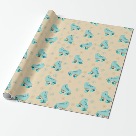 Retro Roller Schaatsen Blauwgroen en Tan Pattered Cadeaupapier (Uitgerold)