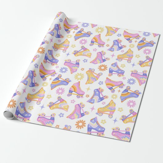 Retro Roller Schaatsen en Daisies Cadeaupapier (Uitgerold)