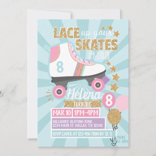 Retro Roller Skating Birthday Party Invitation Kaart (Voorkant)