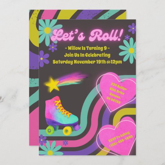 Retro Roller Skating Birthday Party Invitation Kaart (Voorkant / Achterkant)