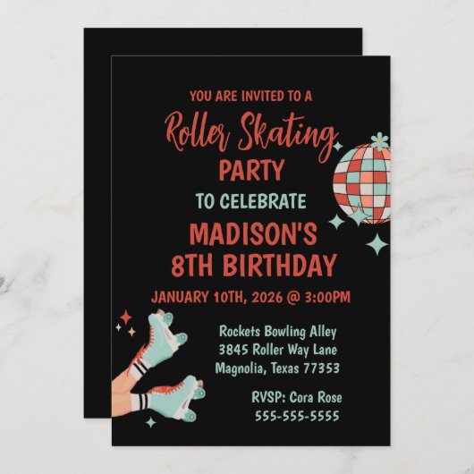 Retro Roller Skating Birthday Party Invitation Kaart (Voorkant / Achterkant)