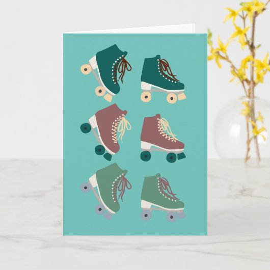 Retro Rollerskates Green Dusty Pink Kaart (Gele Bloem)