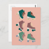 Retro Rollerskates Green Roze Briefkaart (Voorkant / Achterkant)