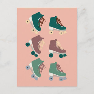 Retro Rollerskates Green Roze Briefkaart