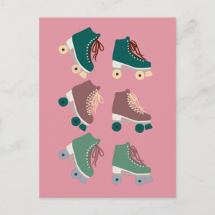 Retro Rollerskates Green Roze Briefkaart